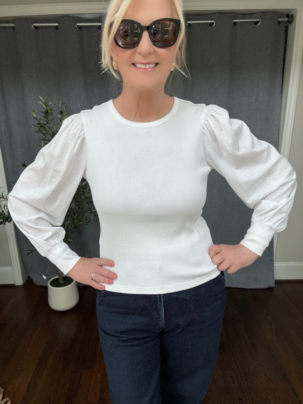 Madewell M White Puff-Sleeve Ribbed Long-Sleeve Tee